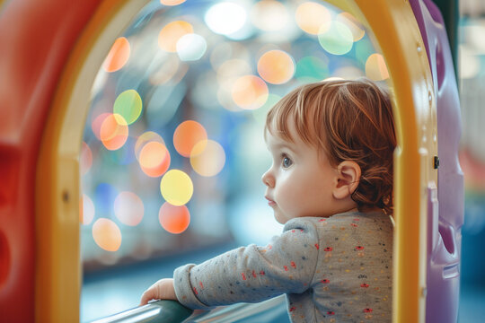 toddler exploring a safe and padded play area, with a dreamy blurry light bokeh background, emphasizing the security and comfort of commercial playground facilities