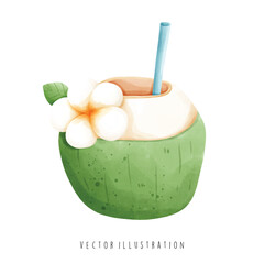 Watercolor of Coconut Juice, Hawaii Travel. Vector Illustration
