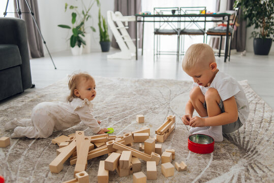 Cute 3 year old baby and his little sister play together on the floor with an ecological wooden construction set