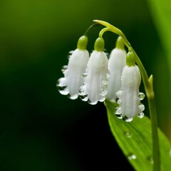 Delicate blossoms of Lily of the Valley glistening with morning dew, captured in exquisite macro detail