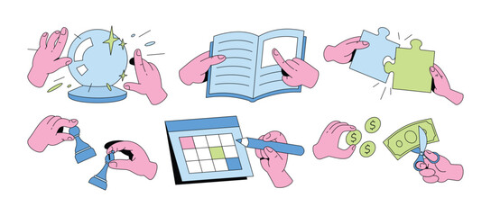 Set of hands holding things. Different objects in human hand, hold gestures. Business illustrations in hand-drawn style