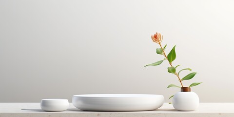 Minimalist white podium mockup with natural elements for cosmetic product presentation.