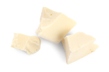 Pieces of tasty chocolate isolated on white, top view