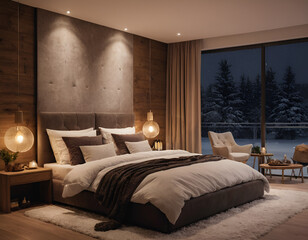 Cozy Winter Bedroom with Snow View
