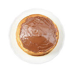 Tasty pancakes with chocolate paste isolated on white, top view