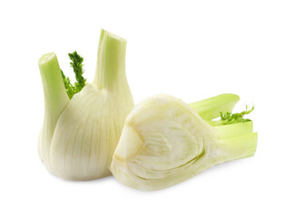 Whole and cut fennel bulbs isolated on white