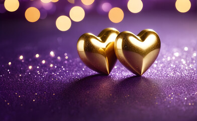 Fototapeta premium Two small gold heart on a sparkling soft purple background, Valentine's Day, Christmas. Generative AI
