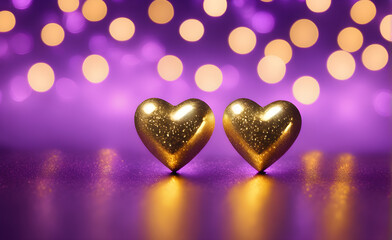 Fototapeta premium Two small gold heart on a sparkling soft purple background, Valentine's Day, Christmas. Generative AI