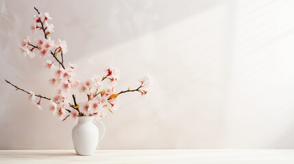 花瓶の桜。白い壁の前。日差し