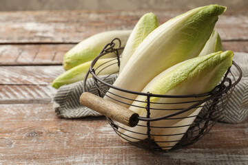 Fresh raw Belgian endives (chicory) in metal basket on wooden table, space for text - obrazy, fototapety, plakaty
