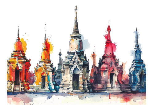 Watercolor hand-painted style of ancient architecture