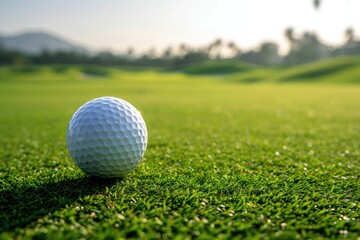 Obraz premium Golf ball on green grass with bokeh background at golf course. Copy space