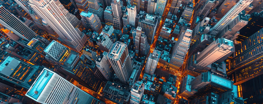 Aerial view of skyscrapers and office towers