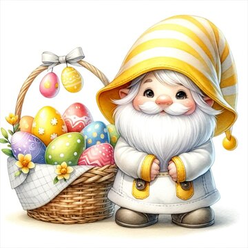An illustration of a gnome with its hat covering its face, with a basket full of colorful easter eggs, rendered in watercolor style.