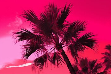 Fototapeta na wymiar Palm tree silhouette against vibrant pink backdrop. Digital artwork. Generative AI