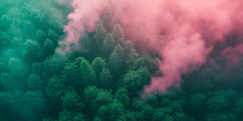 Pink smoke with green trees top view, background