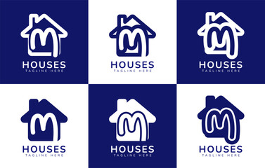 Set of houses home logo with letter M. This logo combines letters and house or home. Perfect for housing business, real estate, mortgage, house rental, house buying and selling.