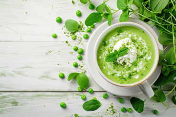 Smooth green pea soup on a bright background.
Created with Generative AI technology