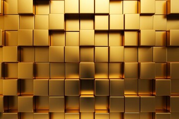 Luxurious wall made of 3D tiles arranged in a square pattern with a glossy, gold block background. Generative AI