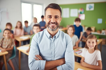 Portrait of smiling male teacher in a class at elementary school looking at camera with learning students on background. Generative AI
