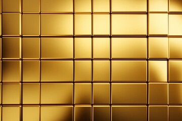 Luxurious wall made of 3D tiles arranged in a square pattern with a glossy, gold block background. Generative AI