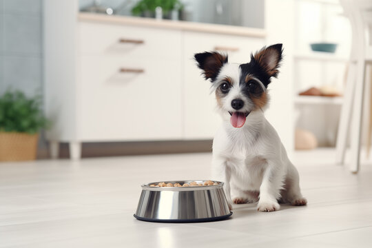 Cute small happy dog near pet food in pets bowl at home. The dog is not eating. Healthy food for pets. Dietary balanced food, space for text. Generative AI
