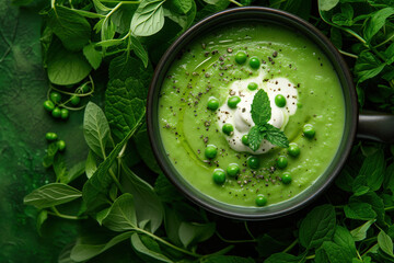 Smooth green pea soup on a dark background.
Created with Generative AI technology