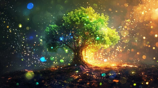 a beautiful magical tree with bokeh lights background