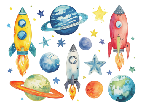 Space exploration hand-painted elements, fun and colorful watercolor stickers - Powered by Adobe