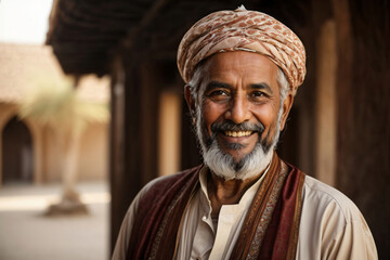 Image of smiling Arabian elderly bearded man wearing traditional clothing and looking at camera while standing against blurred background. Ai generative