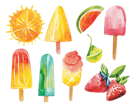 Fruit and Popsicle Summer Hand-painted Watercolor Stickers - Powered by Adobe