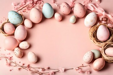 Obraz na płótnie Canvas Celebrating the Festival of Easter with Joyful Ovations and Delightful Revelry, Featuring The Most Perfect and Best Collection of Colorful Eggs, With Ample Copy Space for Your Easter Wishes.