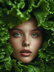 Beautiful young woman with fresh green lettuce leaves. Healthy food concept.