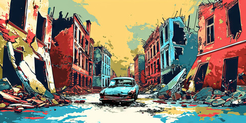 Abandoned Ruin City Depicting Broken Buildings, Cars, and Roads in a Cartoon Vector Style. The Scene Portrays a Post-war or Post-earthquake Street with a Creepy, Dilapidated Atmosphere