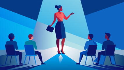 Female leader conducting business presentation to audience in modern style vector illustration