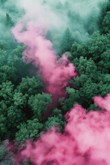 Pink smoke with green trees top view, background