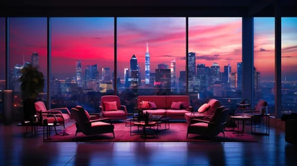 Foto op Plexiglas Modern Cityscape View from a High-Rise Building: Urban Night Skyline through Large Windows © SK