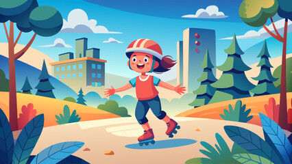Fototapeta premium Happy child roller skating in a sunny park with city background vector illustration