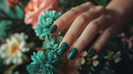 Image showcasing a glamorous woman's hand with forest green-colored nail polish on her
