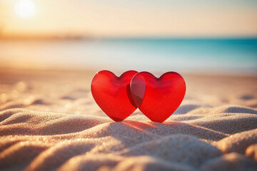 Fototapeta premium two red hearts on a sandy beach with a blue ocean in the background. love sign