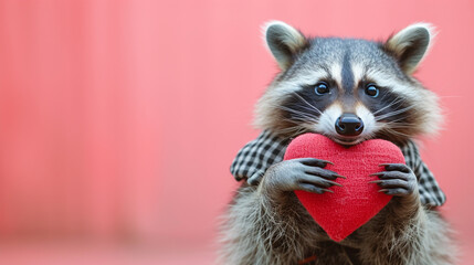 A mischievous raccoon in a hipster outfit, holding a heart, anthropomorphic animal, Valentine's Day, soft background, with copy space