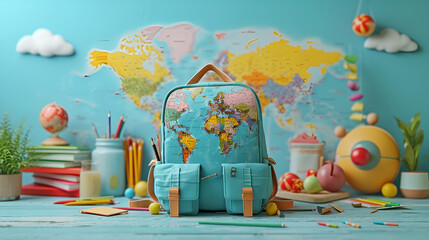 Full school backpack with books on world map background. Back to School concept. world education day, book day, school day, digital ai art,  generative ai