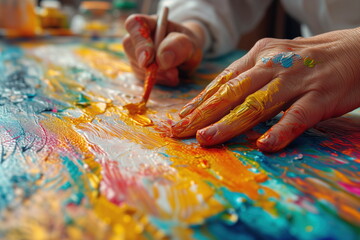 Close-up of hands working on a colorful painting