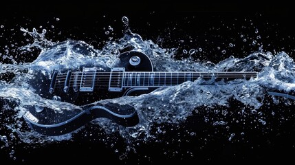 Traditional Electric guitar Musical Instrument in water splashes on the black background. Horizontal Illustration. Melody and Rhythm. Ai Generated Illustration with Professional Electric guitar. - obrazy, fototapety, plakaty