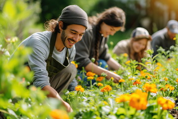 group of volunteers plant flowers in a city park