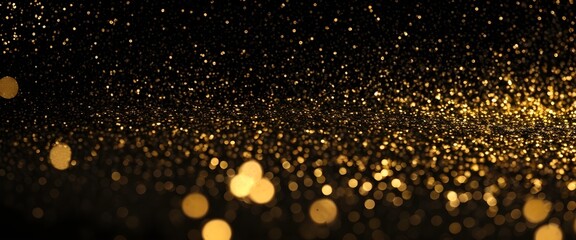 Gold glitter background banner. Abstract backdrop with golden shiny particles and bokeh lights.