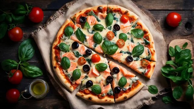 Appetizing pizza with salmon, cream sauce, spinach on the table gourmet