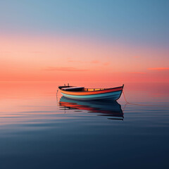 Orange Horizon Over a Tranquil Evening Sea with a Boat Sailing into the Dusk Sky.