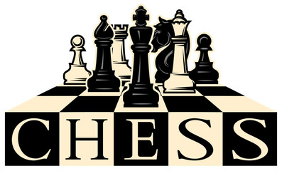 Stylish design template made of white and black chess pieces arranged on a chessboard. Set of elements for design