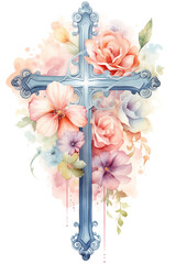 Watercolor blue Cross with flowers. Floral Christian cross in pastel colors.